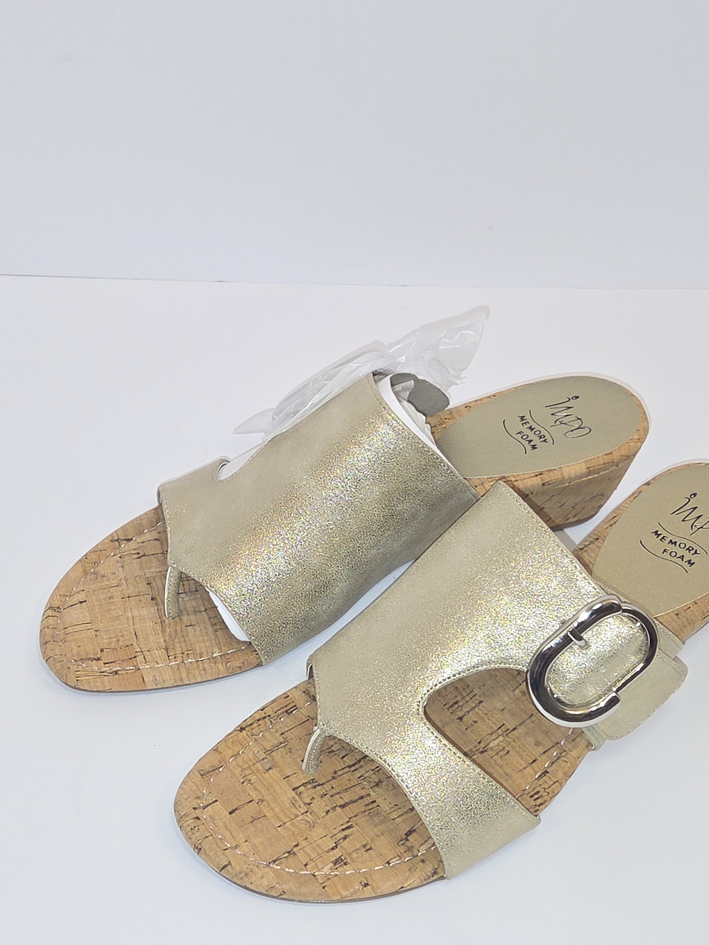 Impo Platino Giselle Metallic Gold Cork Wedge Slide with Silver Buckle - Picture 2 of 13